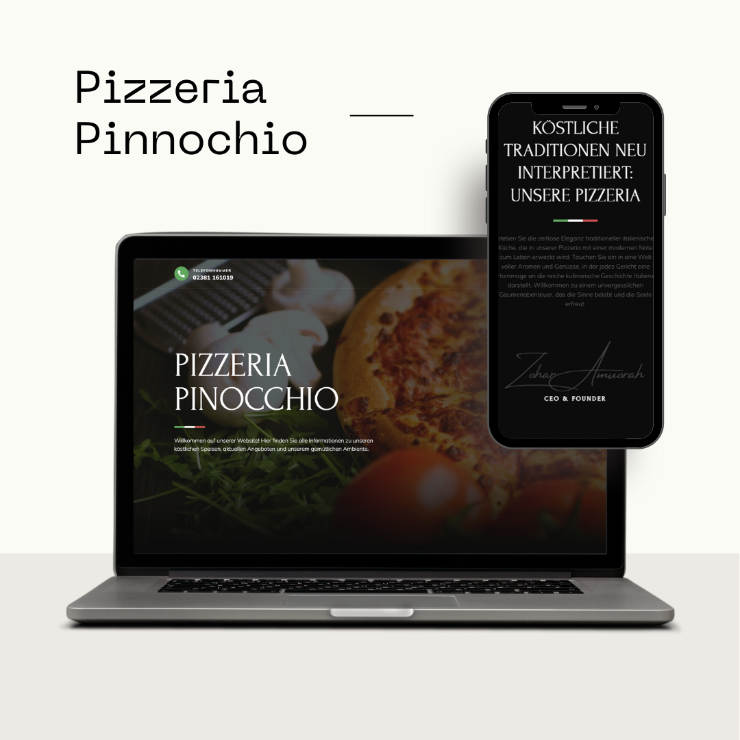 Website der Pizzeria Pinocchio auf Laptop und Smartphone